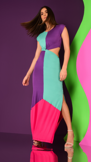 Vestido de malha longo bicolor