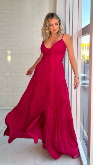 Vestido longo com babados